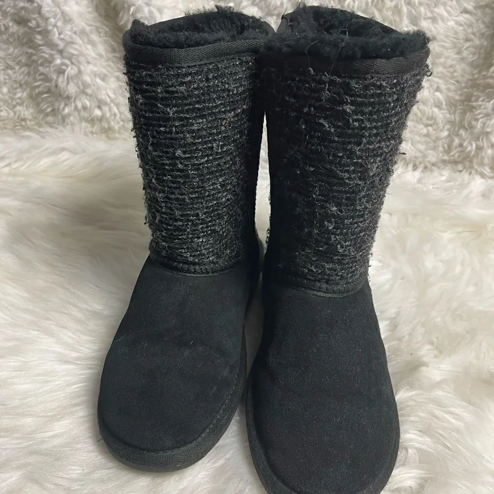 Minnetonka Tall Suede Tweed Boots Sheepskin/ Wool Lining Black/Gray SZ7